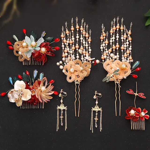 Classical Red Flower Liquid Ancient Style Headdress Fringed Hair Crown Bridal Hair Accessories 8 Style - Shop at LoveMi