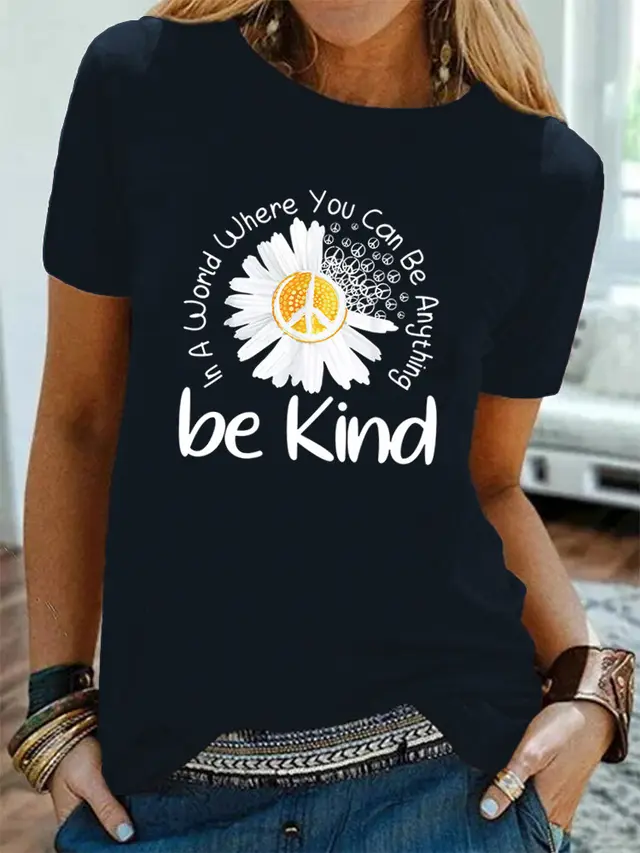 Women's Crew Neck Printed Short Sleeves Navy Blue - Shop at LoveMi