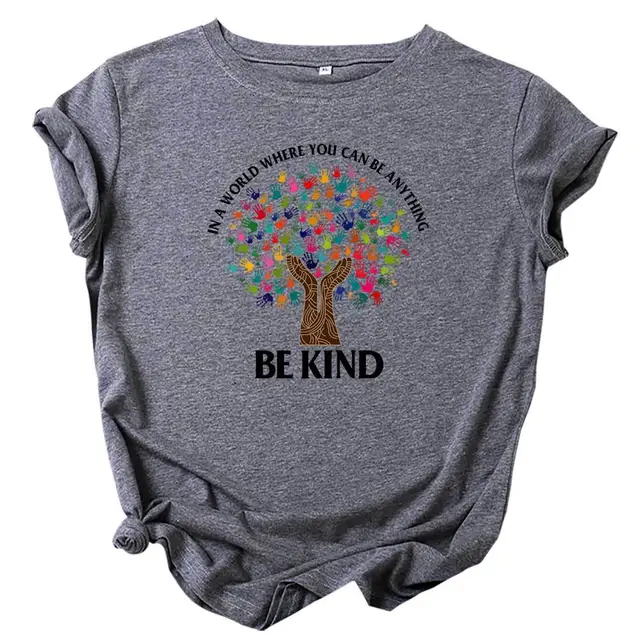 Printed Kindness Cotton Crew Neck Short Sleeves Dark Grey - Shop at LoveMi
