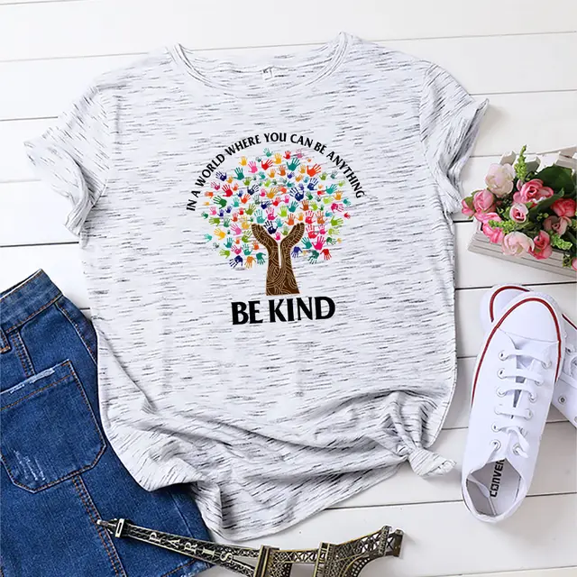 Printed Kindness Cotton Crew Neck Short Sleeves Marble Color - Shop at LoveMi