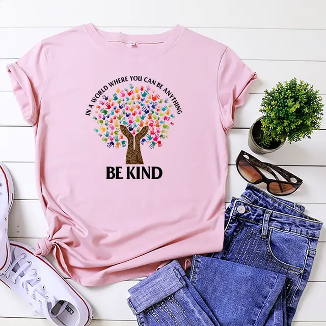 Printed Kindness Cotton Crew Neck Short Sleeves Pink - Shop at LoveMi