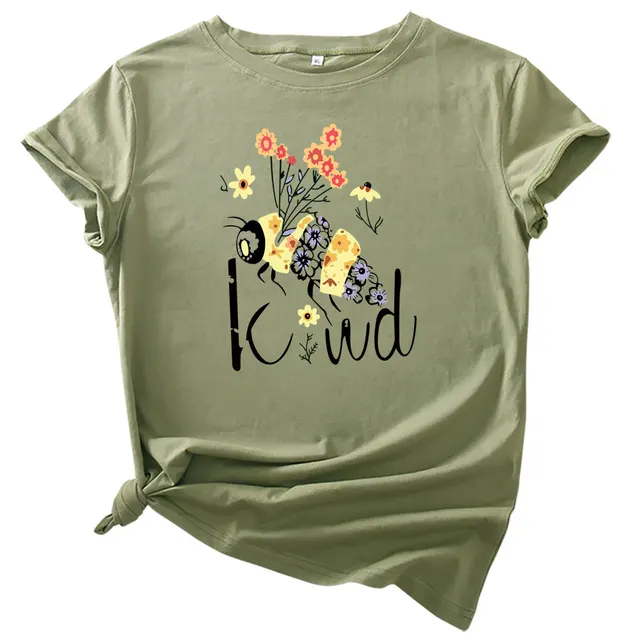 Floral Bee Print Crew Neck Print Short Sleeves Army Green - Shop at LoveMi