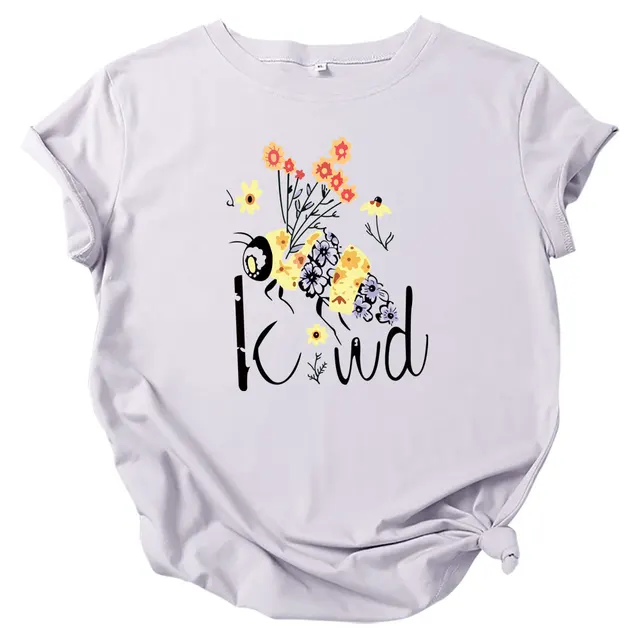 Floral Bee Print Crew Neck Print Short Sleeves Grey - Shop at LoveMi
