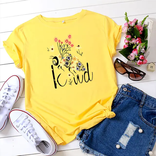 Floral Bee Print Crew Neck Print Short Sleeves Yellow - Shop at LoveMi