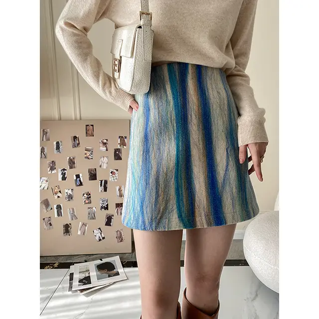 Artistic Water Mist Blue Woolen A line Skirt Female Small Blue - Shop at LoveMi