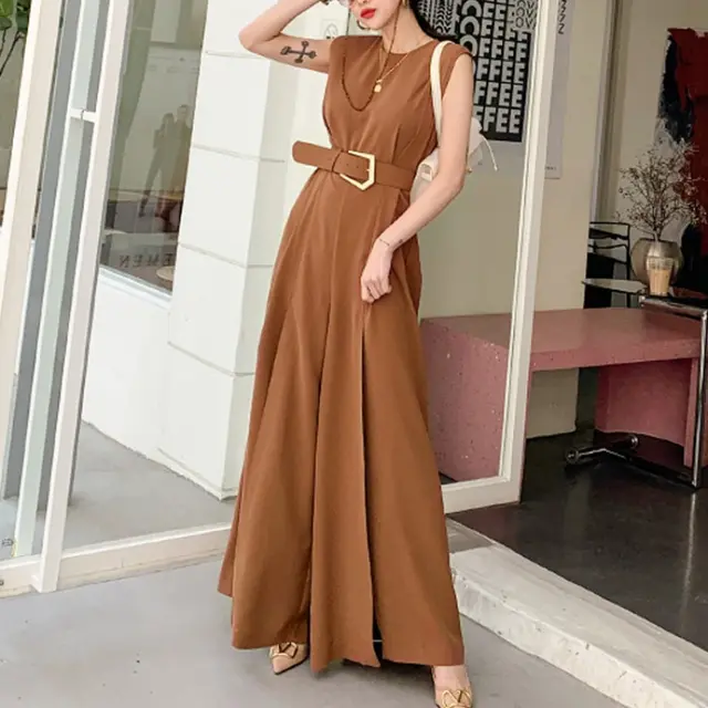 Commuter Temperament Round Neck Slit Wide Leg Jumpsuit Brown - Shop at LoveMi