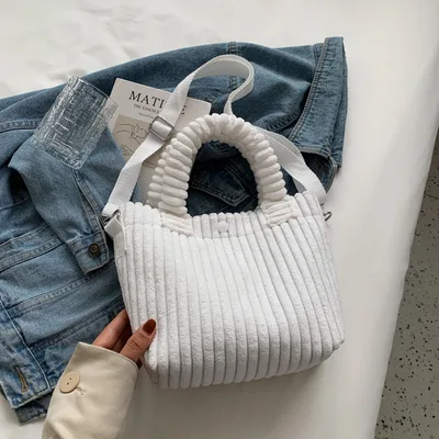 Autumn And Winter Plush Cute Furry Handbag Tote Bag White - Shop at LoveMi