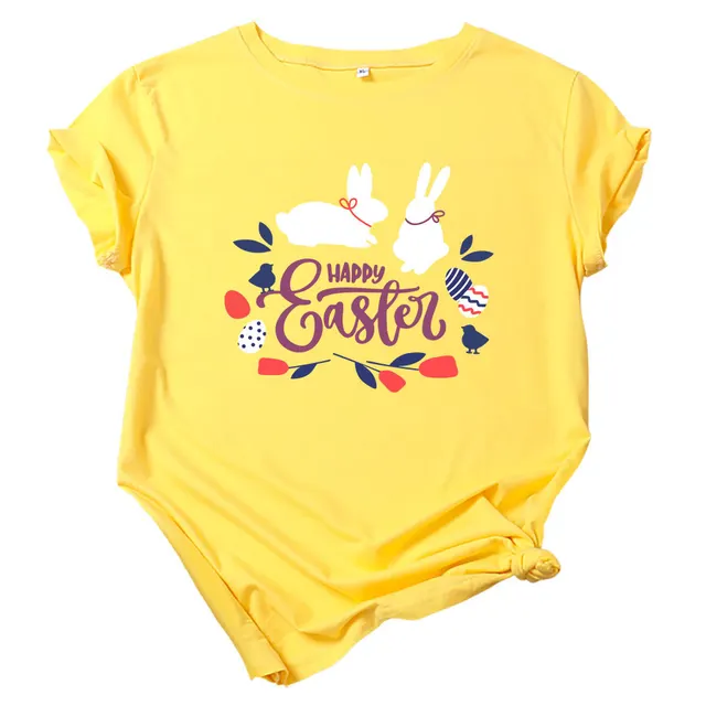 Cotton Easter Short Sleeve Women's T Shirt Yellow - Shop at LoveMi