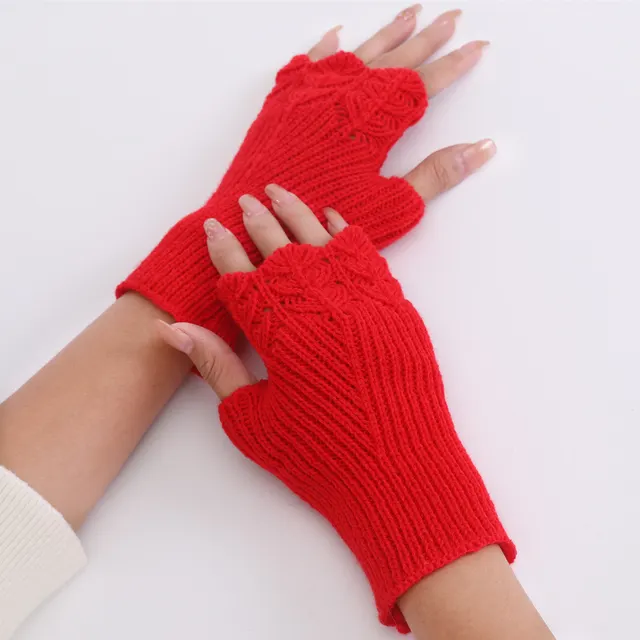 Autumn And Winter New Female Students Fashion All match Knitted Warm Half fingerless Gloves Red - Shop at LoveMi