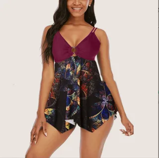 Sling Split Swimsuit Fashion Plain Skirt - Wine Red