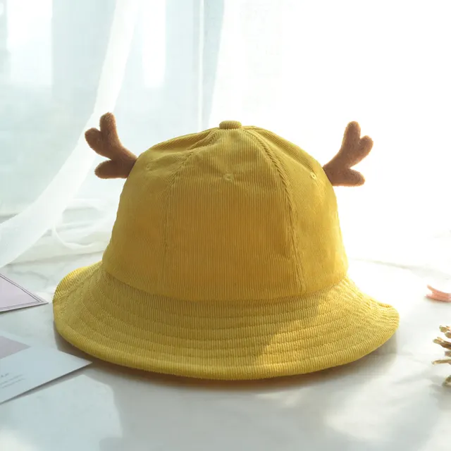 Ears Cute Sweet Soft Girl Corduroy Basin Hat Brown Elk Antlers Yellow - Shop at LoveMi