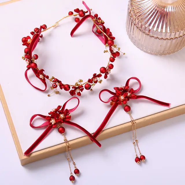 Red Hair Pin Flower Hair Clips Earrings Set Women Headdress Fd1145 - Shop at LoveMi
