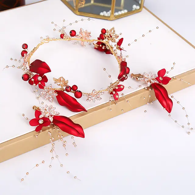 Red Hair Pin Flower Hair Clips Earrings Set Women Headdress Fd1146 - Shop at LoveMi