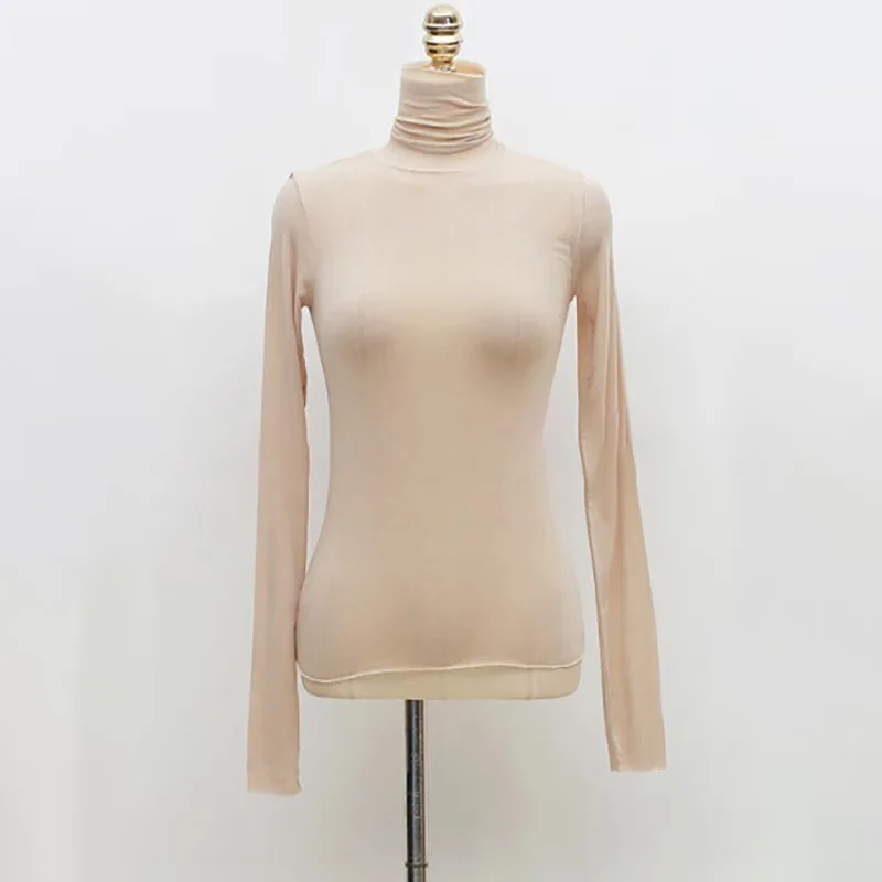 Women's T Shirt Temperament Tight Tight Perspective Thin Stretch Top Bottoming Shirt Apricot - Shop at LoveMi