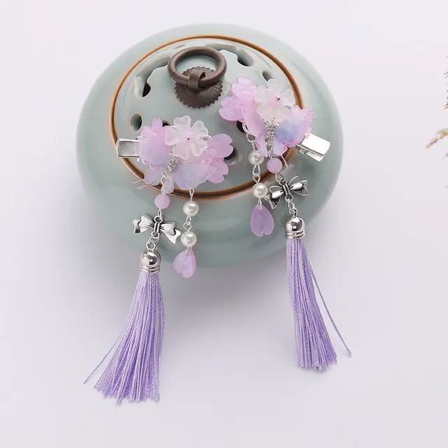 Colorful Flower Hairpin Butterfly Tassel Pair Clip Light Purple - Shop at LoveMi