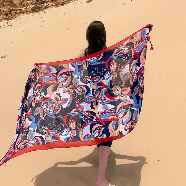 Women's Thin Ethnic Style Scarf Oversized Sunscreen Shawl Navy Blue Flower - Shop at LoveMi