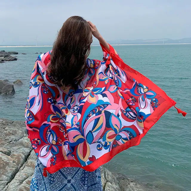 Women's Thin Ethnic Style Scarf Oversized Sunscreen Shawl Red Big Flower - Shop at LoveMi