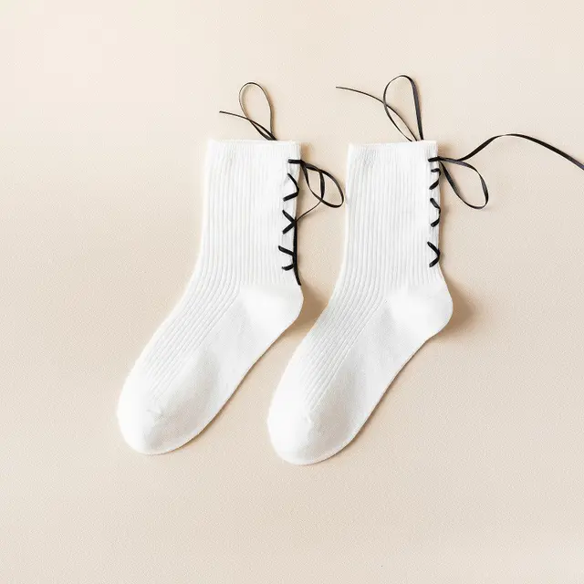 Lolita Women's Middle Tube Sweet Bow Fungus Lace Socks Cross Heel Strap - Shop at LoveMi