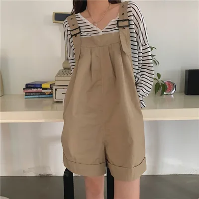 Overalls Bibs Small Pants Design Wide Leg Casual Shorts Khaki - Shop at LoveMi