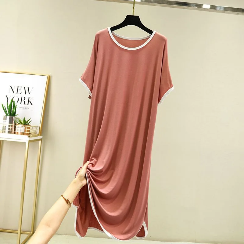New Modal Dress Women's Thin Round Neck Casual Short Sleeves Leather Powder - Shop at LoveMi