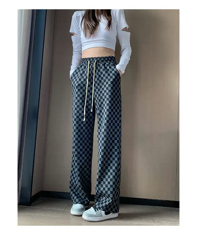 Curved Trousers High Waist Casual Mopping Straight Black And White Plaid Pants Dark Grey Extended - Shop at LoveMi