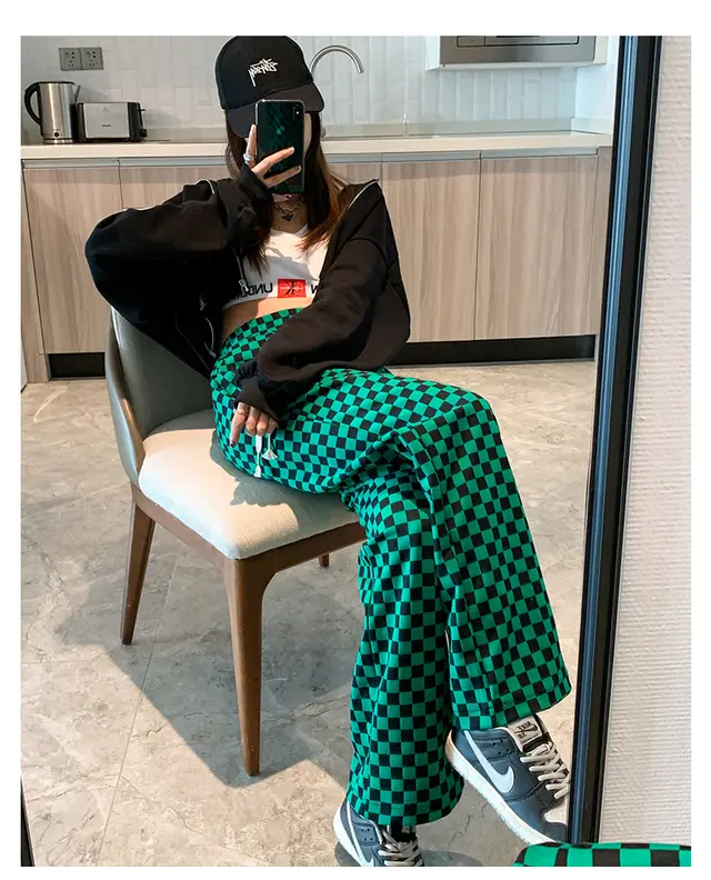 Curved Trousers High Waist Casual Mopping Straight Black And White Plaid Pants Green Black - Shop at LoveMi