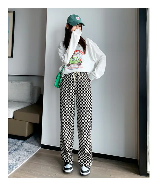 Curved Trousers High Waist Casual Mopping Straight Black And White Plaid Pants Khaki Lengthening - Shop at LoveMi