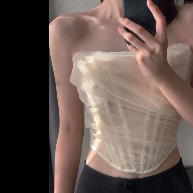 Chiffon Fishbone Corset Tight fitting Thin Tube Top Top All match Fashionable Vest Women Beige - Shop at LoveMi