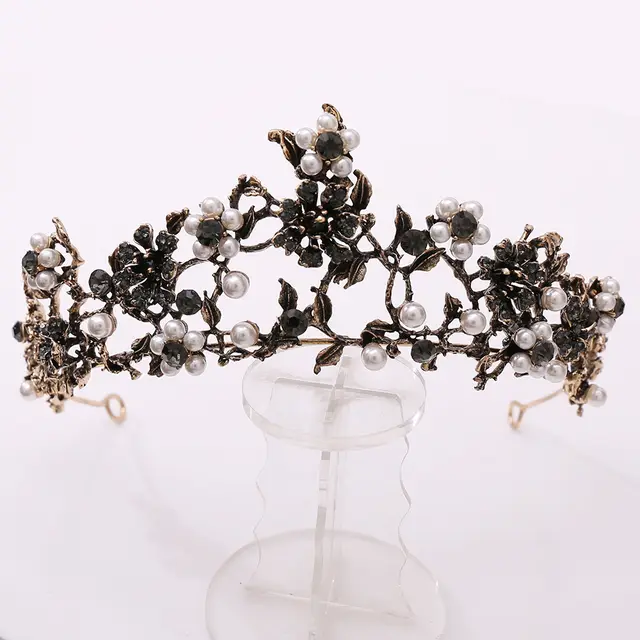 Floral Black Diamond Pearl Baroque Bridal Crown Wedding Tiara Accessories Black Diamond - Shop at LoveMi