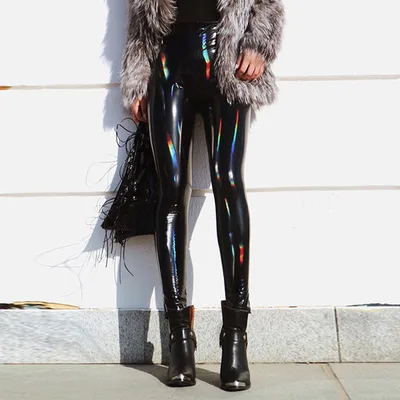 Bright Mirror Faux Laser Colorful Leather Pants Colorful Black - Shop at LoveMi