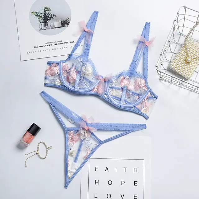 Women's Sheer Embroidered Jacquard Bow Set Blue - Shop at LoveMi