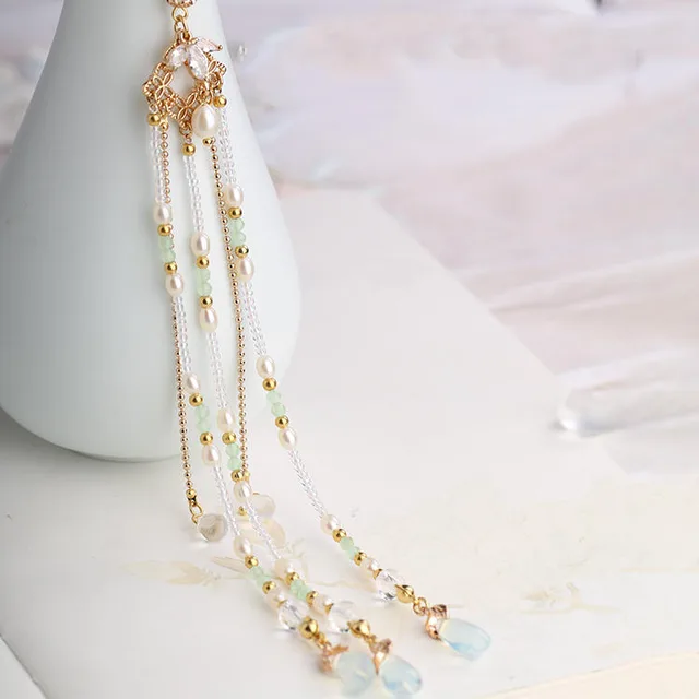 Hanfu Ancient Style Handmade Hair Crown Fringed Gradient All match Hair Accessories Light Green Fringe - Shop at LoveMi