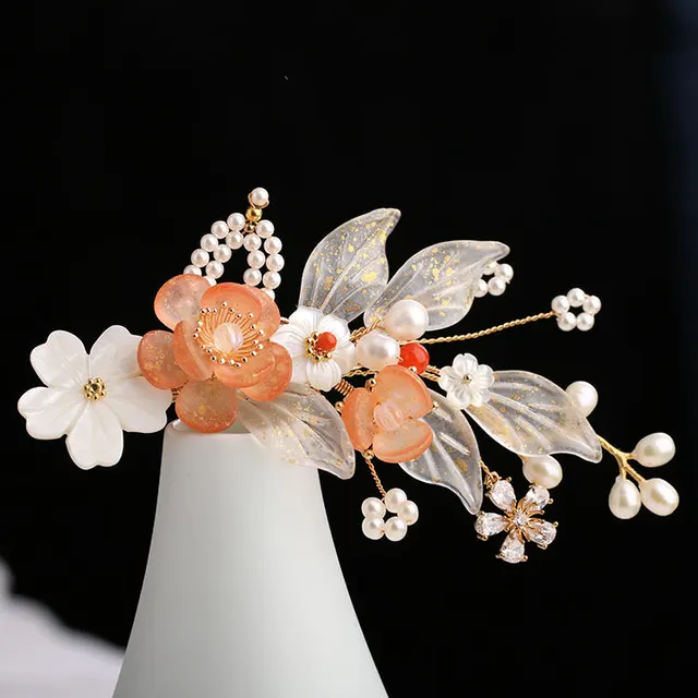 Hanfu Ancient Style Handmade Hair Crown Fringed Gradient All match Hair Accessories White Leaf Orange Blossom - Shop at LoveMi