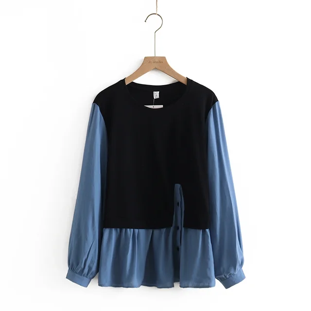 Large Size Women's Loose And Slim Fashion Bottoming Long sleeved T shirt Blue - Shop at LoveMi