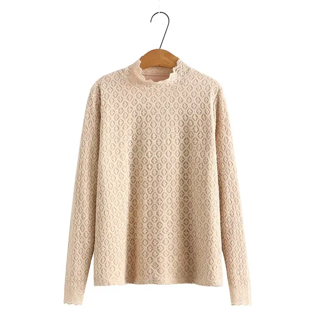Loose Plus Size Women's Fleece Half Turtleneck Lace T shirt Khaki - Shop at LoveMi