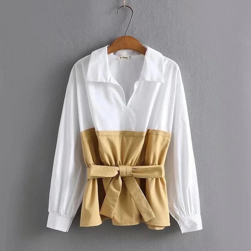 Fashion Plus Size Women's Loose And Western Style Color Matching Shirt - Khaki