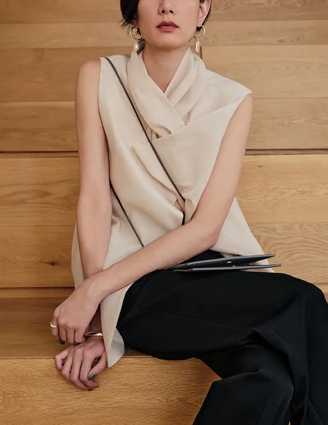 Ladies 3D Vintage Stacked Collar Front Slit Asymmetric Top Beige - Shop at LoveMi