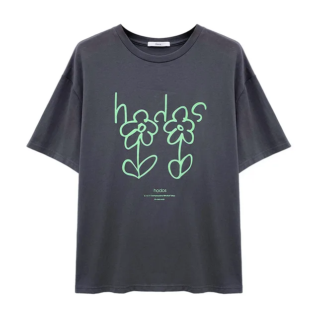 Loose Women's Short Sleeve T Shirt Cotton Print Grey - Shop at LoveMi