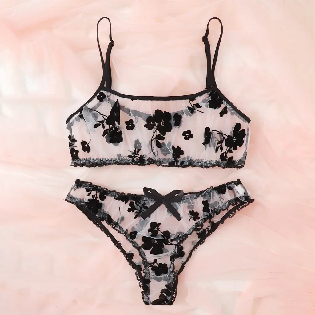Underwear Suit Three Piece Flocking Black Mesh - Black1