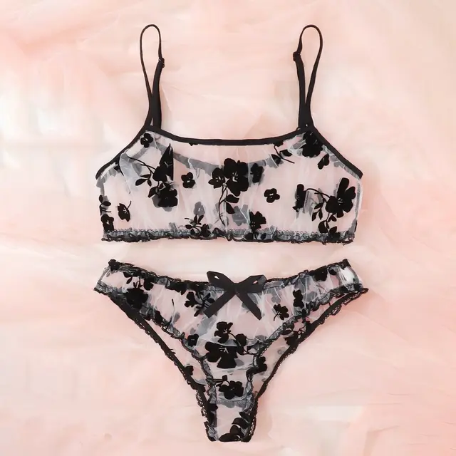 Underwear Suit Three Piece Flocking Black Mesh Black1 - Shop at LoveMi