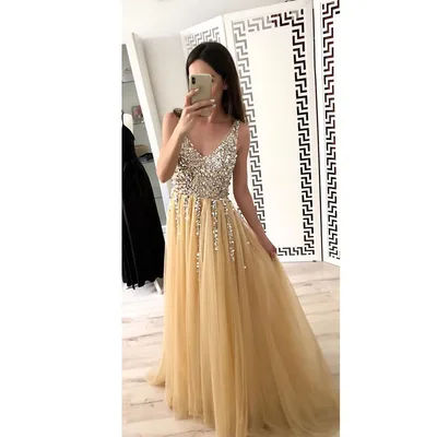 Front And Back V neck Sequined Floor length Dovetail Dress Apricot - Shop at LoveMi