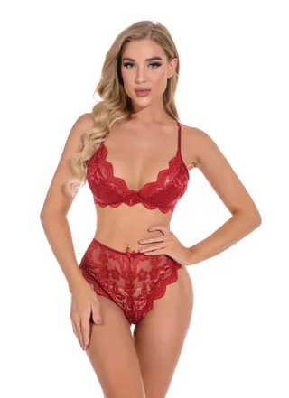 Lace Lingerie Underwear Lingerie Set - Wine Red