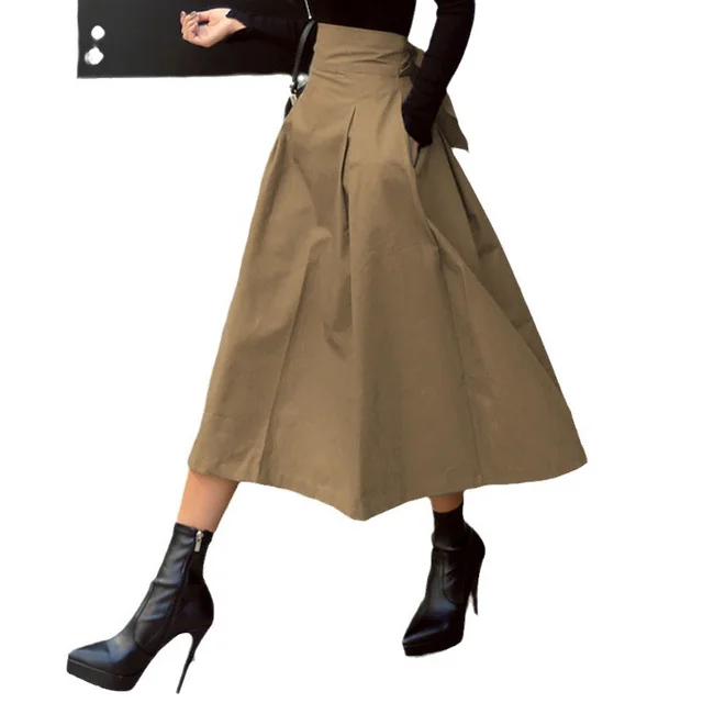 A line Umbrella Super Fire Bow Big Swing Slim Waist Long Skirt Khaki - Shop at LoveMi