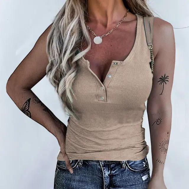 European And American Women's Clothing Thread Button Slim Tank Top T Shirt Khaki - Shop at LoveMi