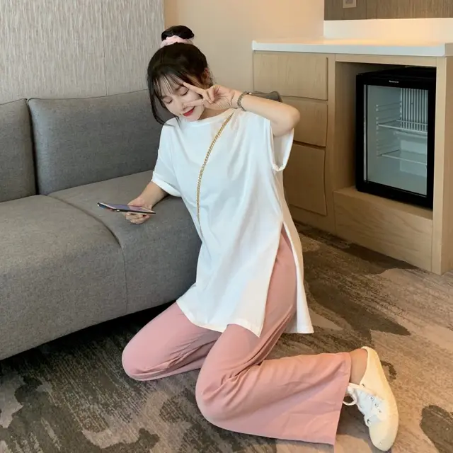 Summer New Solid Color Short sleeved T shirt Women's Mid length Net Red Slit Cotton Top White - Shop at LoveMi