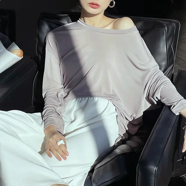 Spring New Women's Simple Lazy Loose All match Round Neck Bottoming Shirt Long sleeved T shirt Crystal Violet - Shop at LoveMi