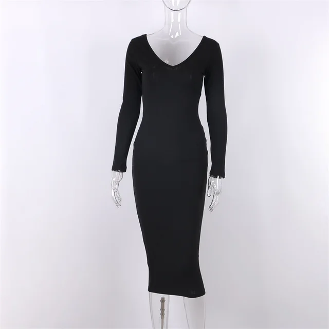 Long Skirt Deep V neck Long sleeved Knitted Jumper Black - Shop at LoveMi