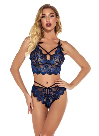 European And American Lace Mesh Underwear Set - Blue
