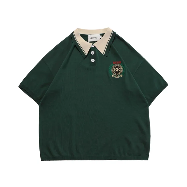 Olive Branch Embroidered Lapel Polo Half Sleeve Vintage T shirt Green - Shop at LoveMi
