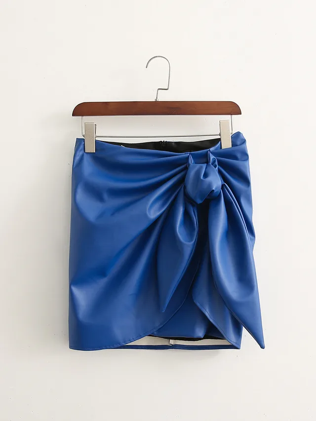 Royal Blue Knotted Hip PU Leather Skirt Photo Color - Shop at LoveMi